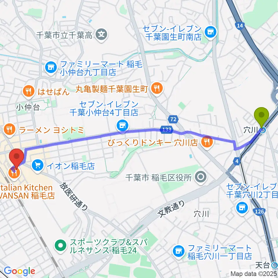 穴川駅からミュージックアベニュー稲毛 ヤマハミュージックへのルートマップ地図