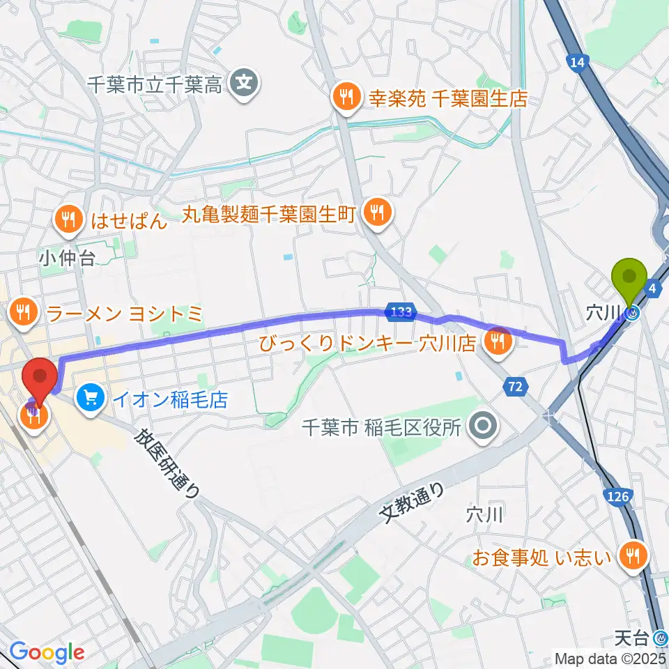 穴川駅からミュージックアベニュー稲毛 ヤマハミュージックへのルートマップ地図