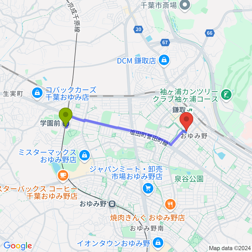 学園前駅からユニスタイル鎌取 ヤマハミュージックへのルートマップ地図