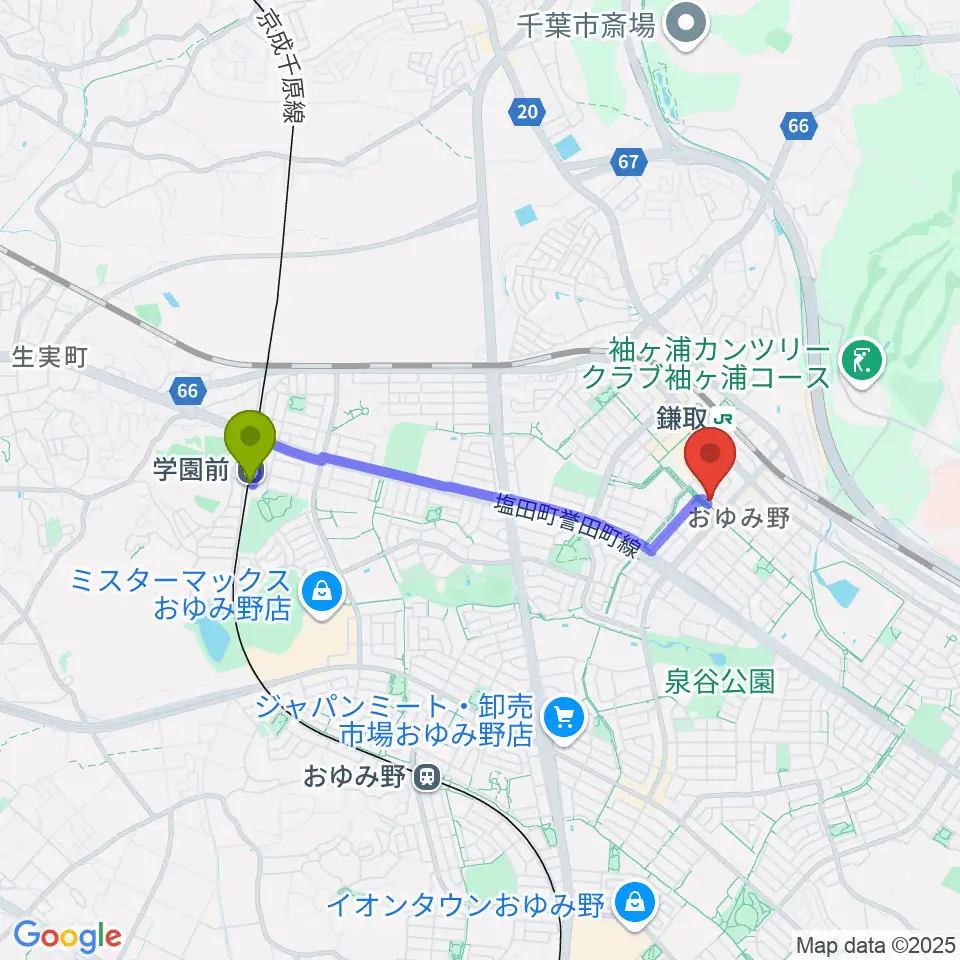 学園前駅からユニスタイル鎌取 ヤマハミュージックへのルートマップ地図