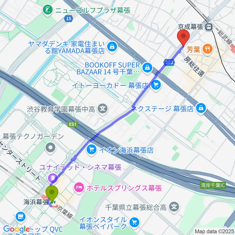 海浜幕張駅から幕張センター ヤマハミュージックへのルートマップ地図