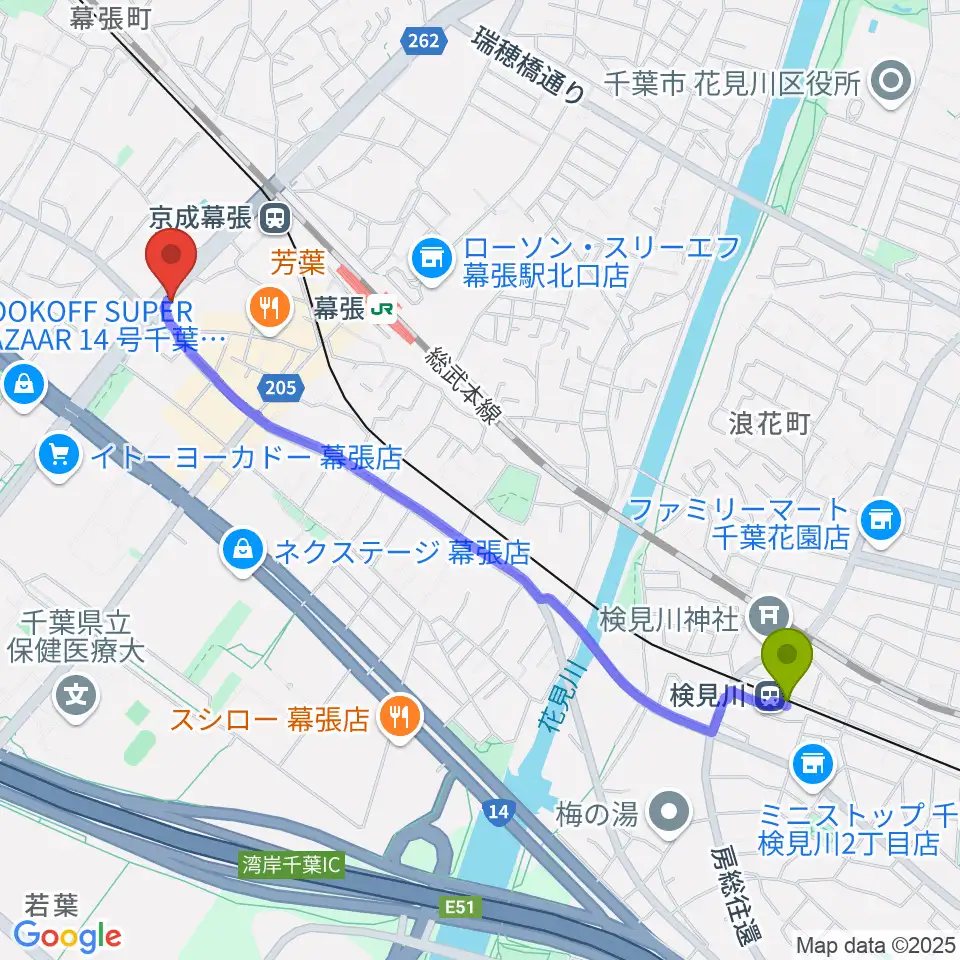 検見川駅から幕張センター ヤマハミュージックへのルートマップ地図