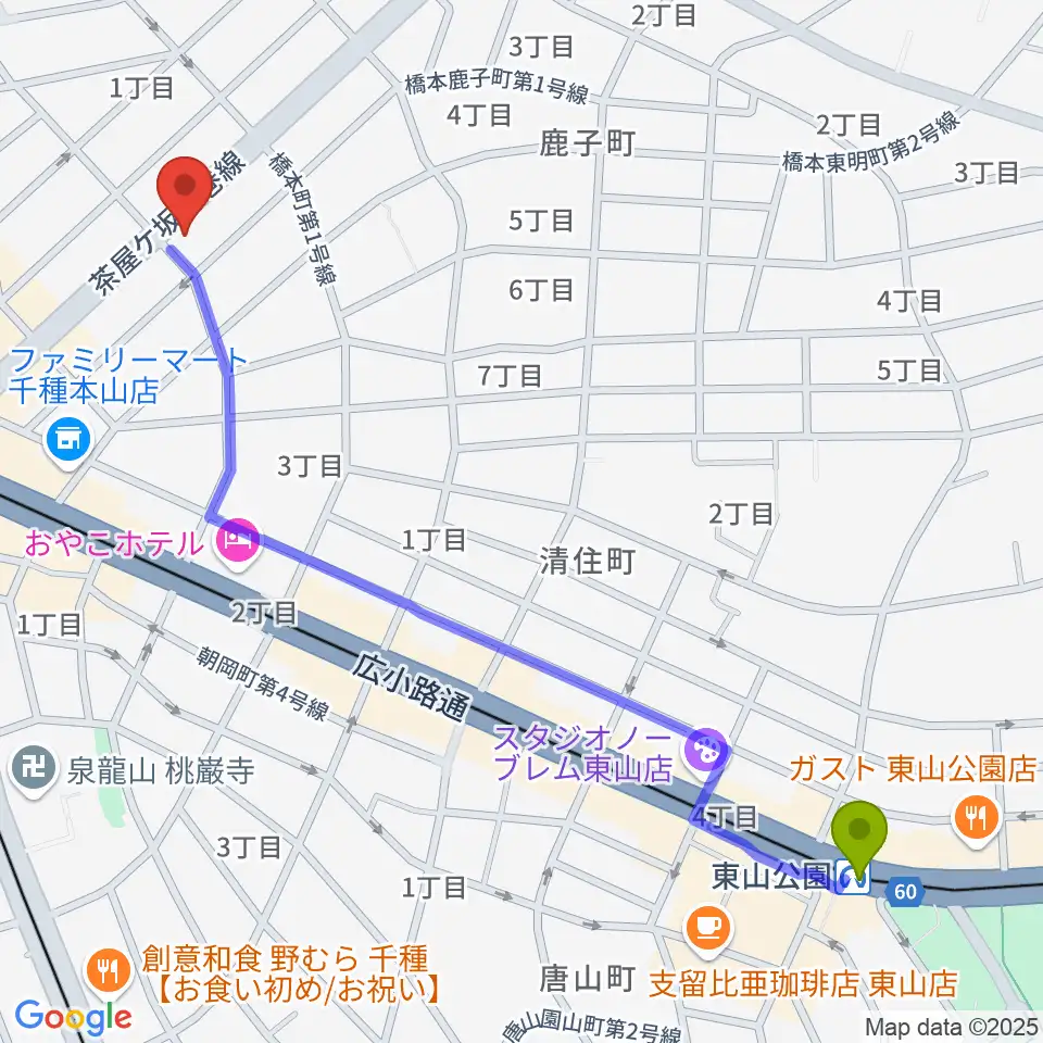 東山公園駅からRMSおかだ音楽教室へのルートマップ地図