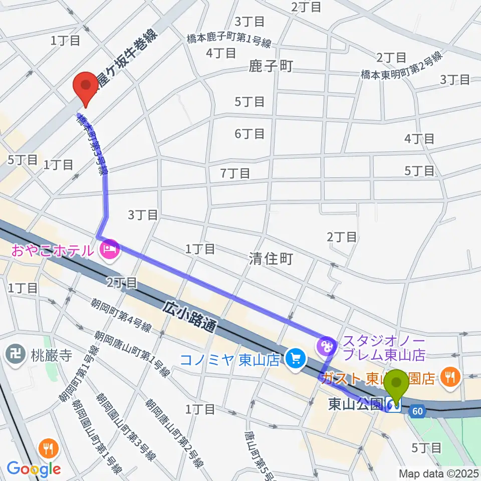 東山公園駅からRMSおかだ音楽教室へのルートマップ地図
