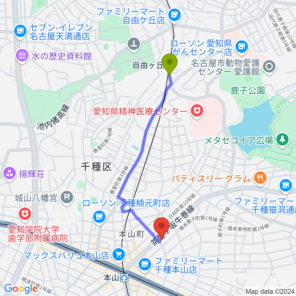 自由ヶ丘駅からRMSおかだ音楽教室へのルートマップ地図