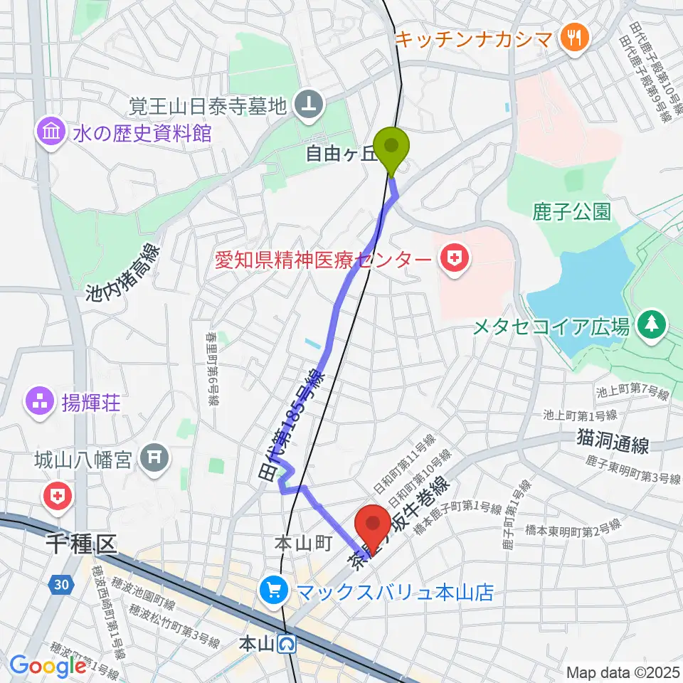 自由ヶ丘駅からRMSおかだ音楽教室へのルートマップ地図