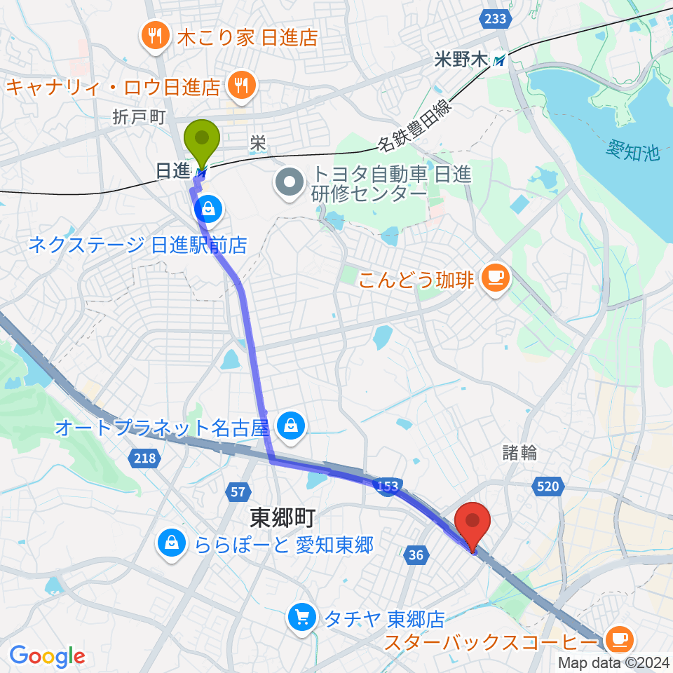 S.ホール レ・マーニの最寄駅日進駅からの徒歩ルート（約44分）地図