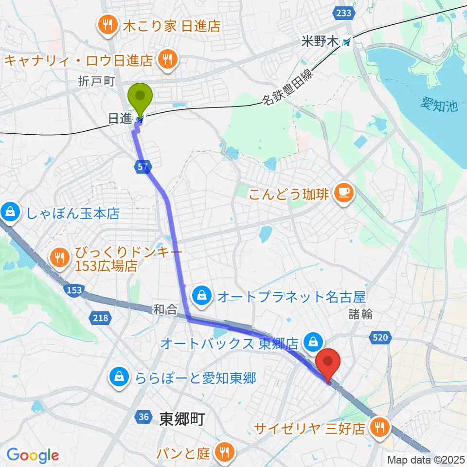 S.ホール レ・マーニの最寄駅日進駅からの徒歩ルート（約44分）地図