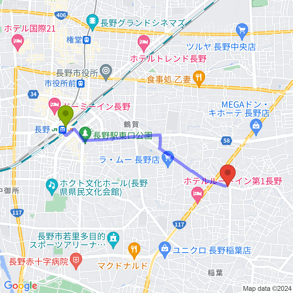 ＹＭサウンドの最寄駅長野駅からの徒歩ルート（約36分）地図