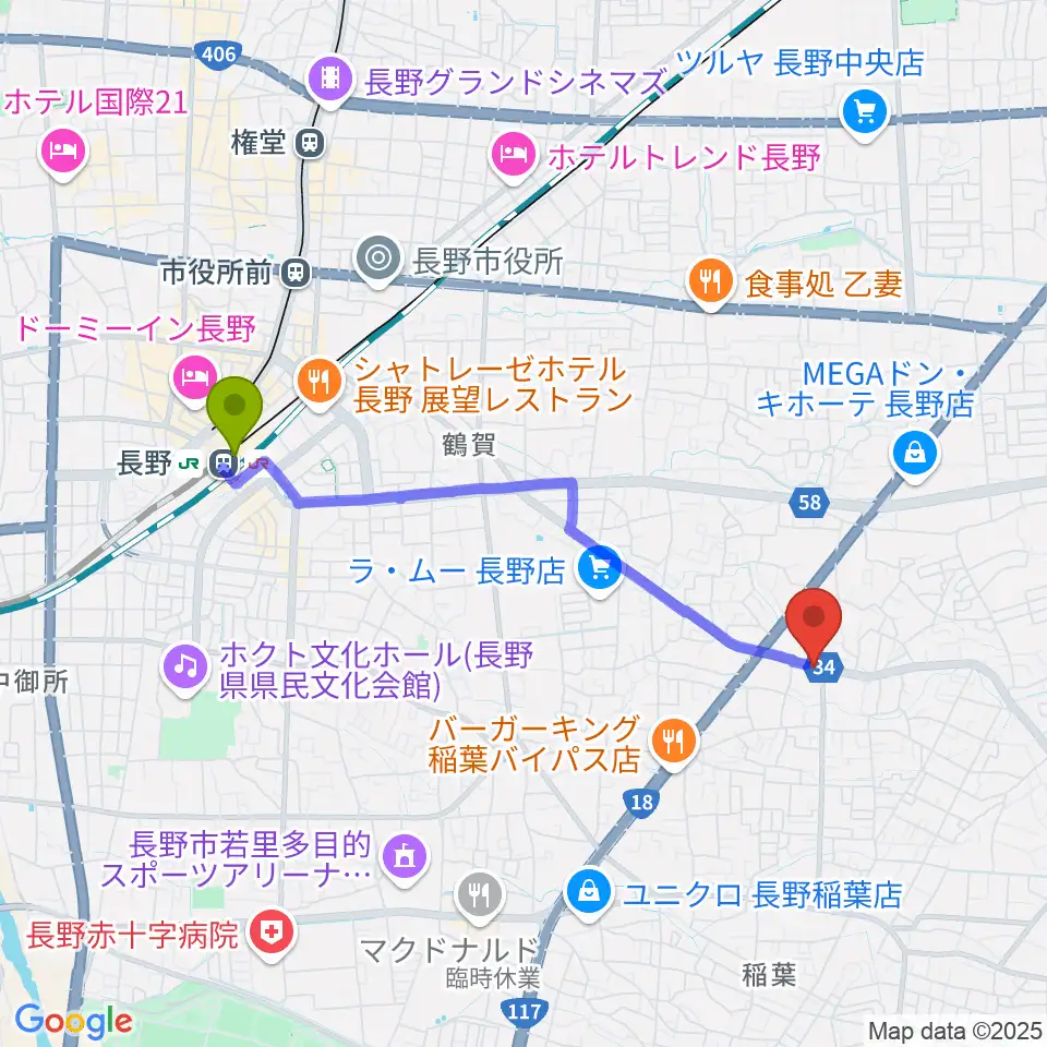 ＹＭサウンドの最寄駅長野駅からの徒歩ルート（約36分）地図