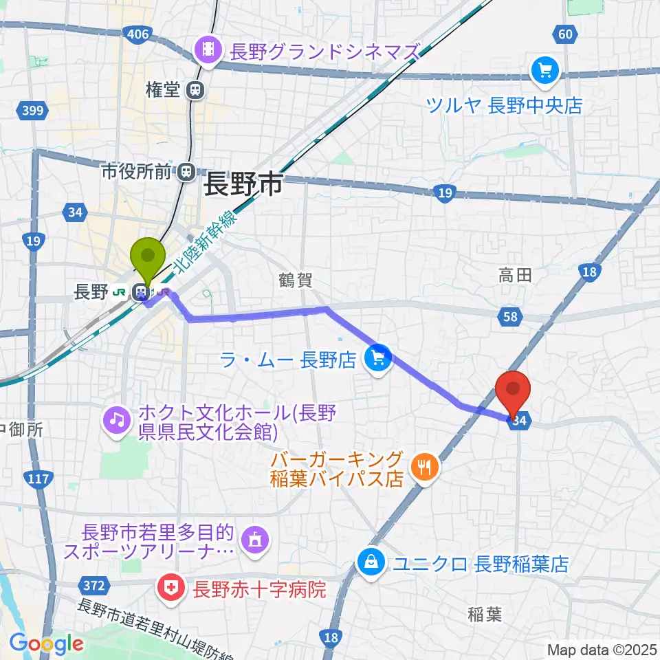 ＹＭサウンドの最寄駅長野駅からの徒歩ルート（約36分）地図