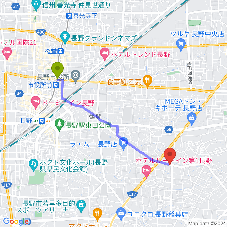 市役所前駅からＹＭサウンドへのルートマップ地図