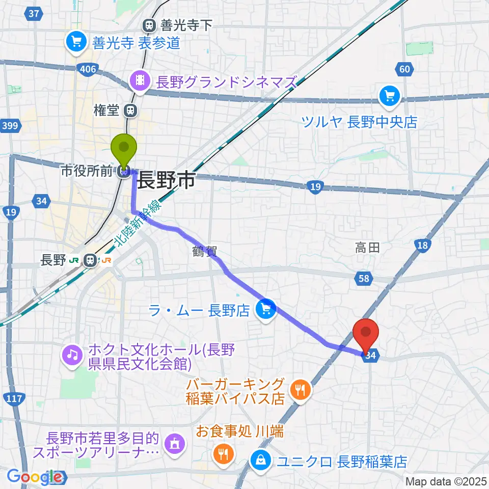 市役所前駅からＹＭサウンドへのルートマップ地図
