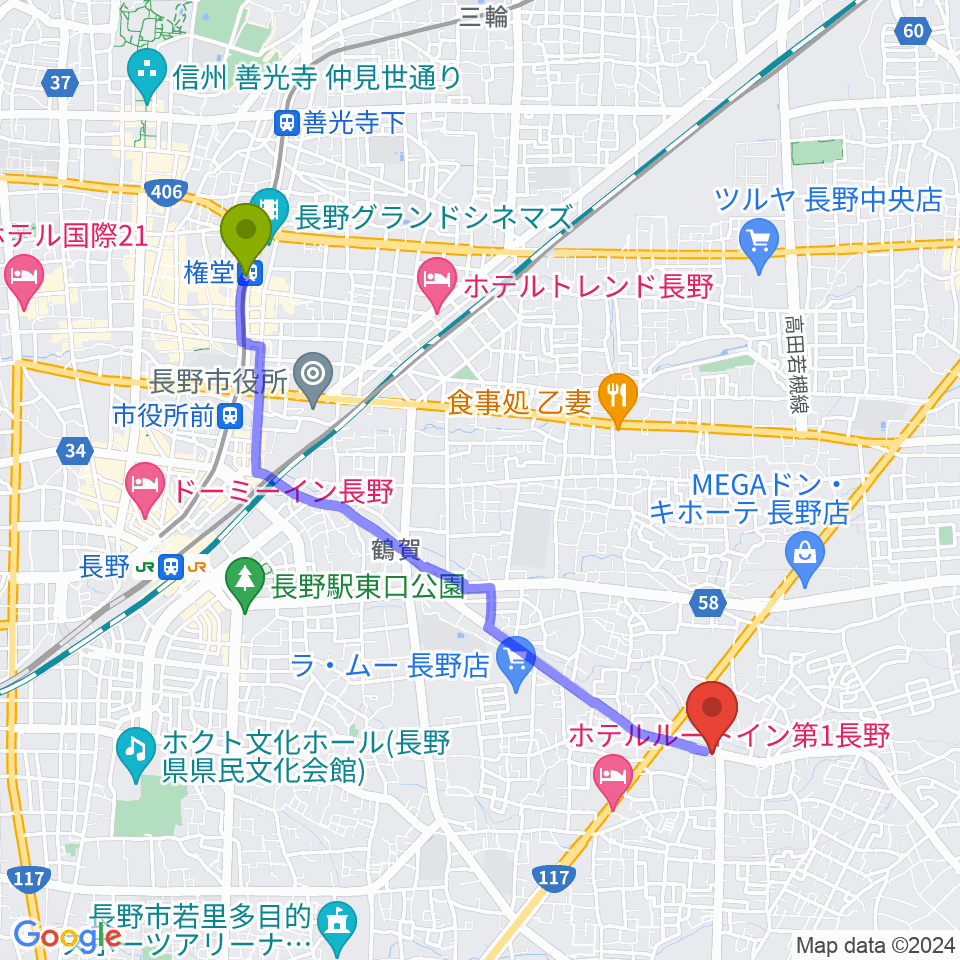 権堂駅からＹＭサウンドへのルートマップ地図