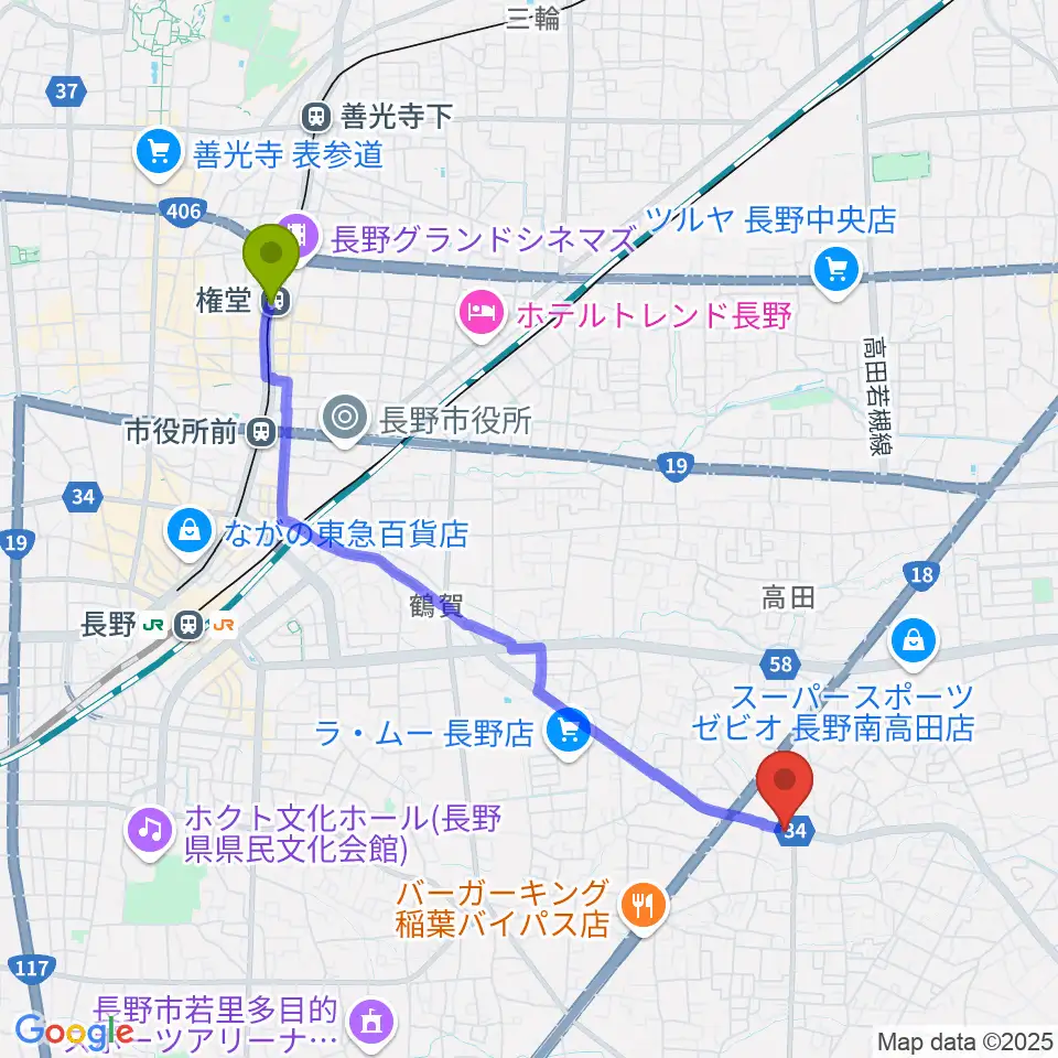 権堂駅からＹＭサウンドへのルートマップ地図