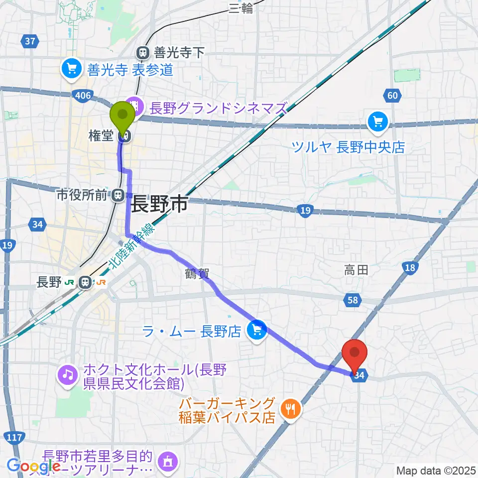 権堂駅からＹＭサウンドへのルートマップ地図
