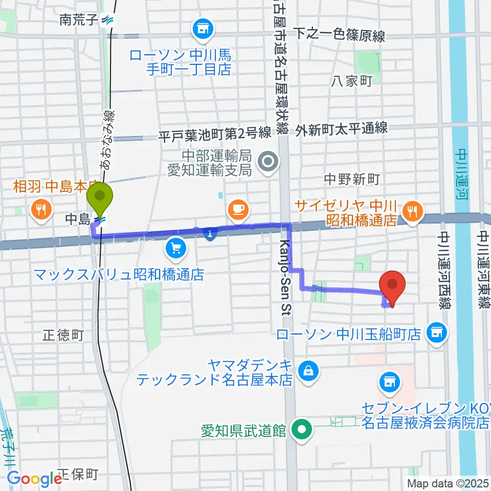 楽器買取センターDOREMIの最寄駅中島駅からの徒歩ルート（約19分）地図