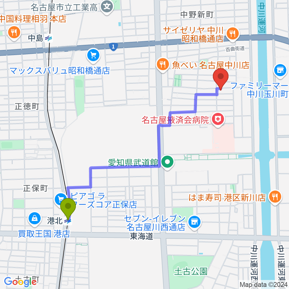 港北駅から有限会社ドレミ楽器へのルートマップ地図