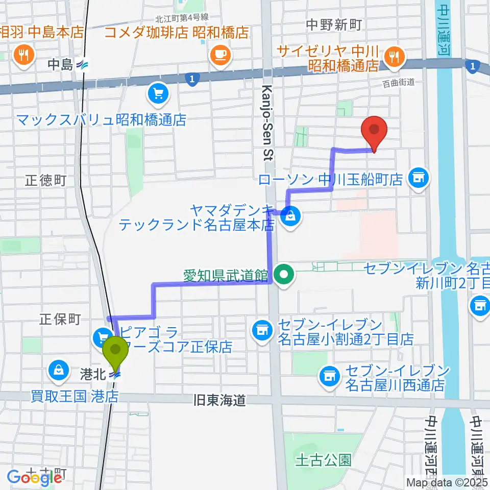 港北駅から楽器買取センターDOREMIへのルートマップ地図