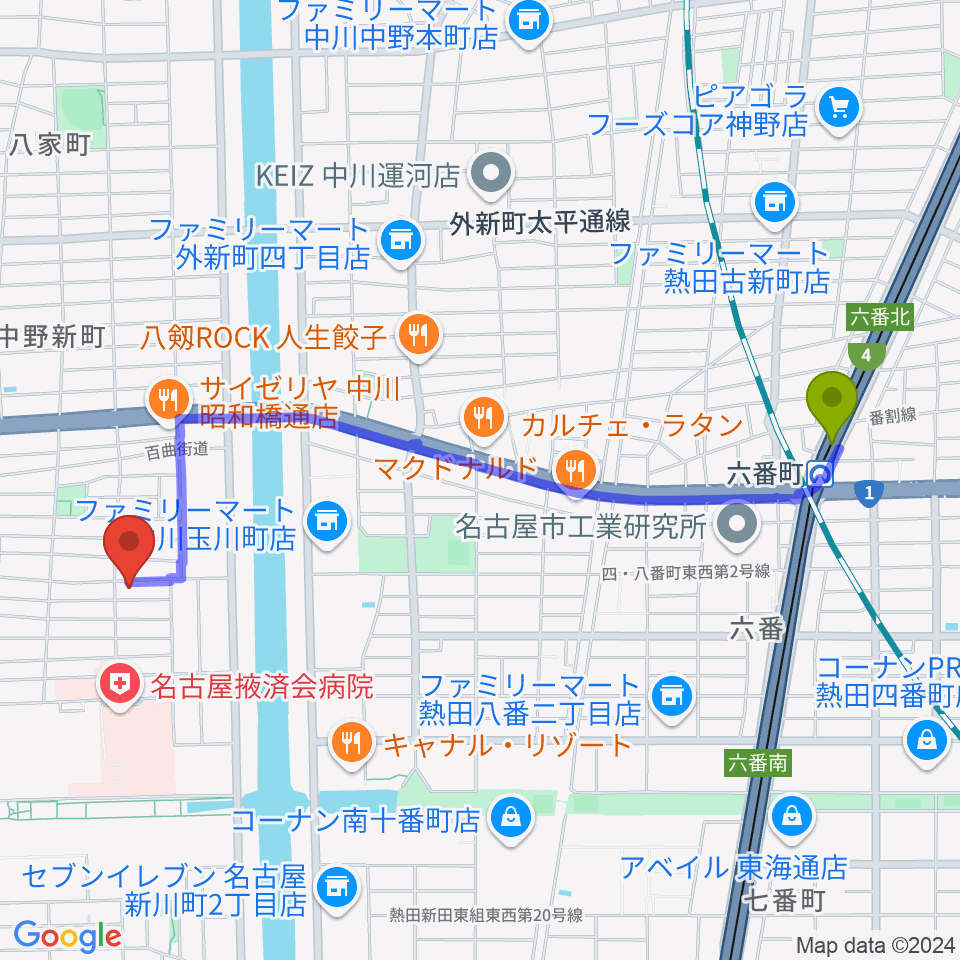 六番町駅から有限会社ドレミ楽器へのルートマップ地図