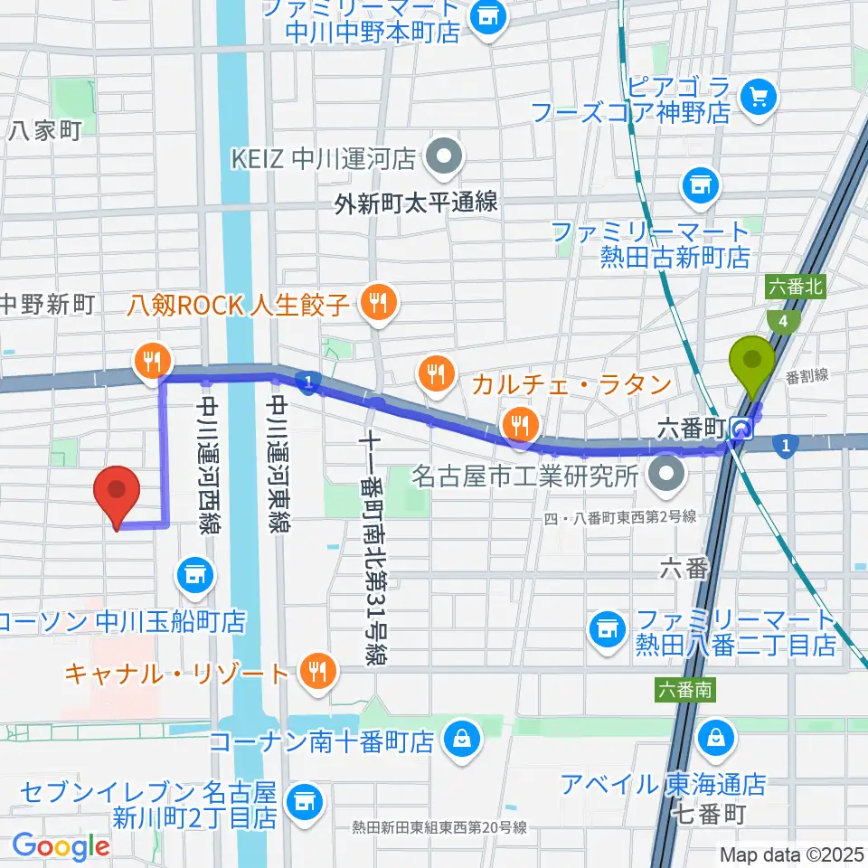 六番町駅から楽器買取センターDOREMIへのルートマップ地図