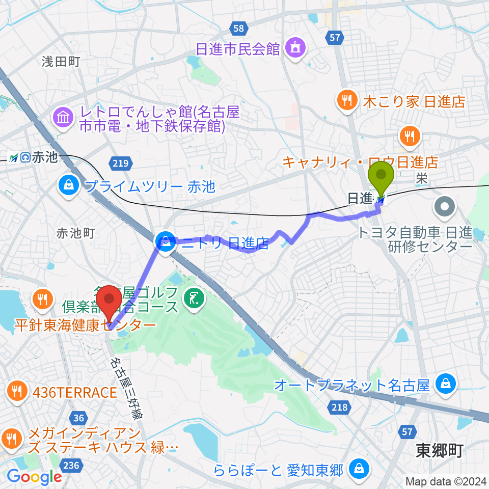 日進駅からポワンポワンスタジオ日進校へのルートマップ地図