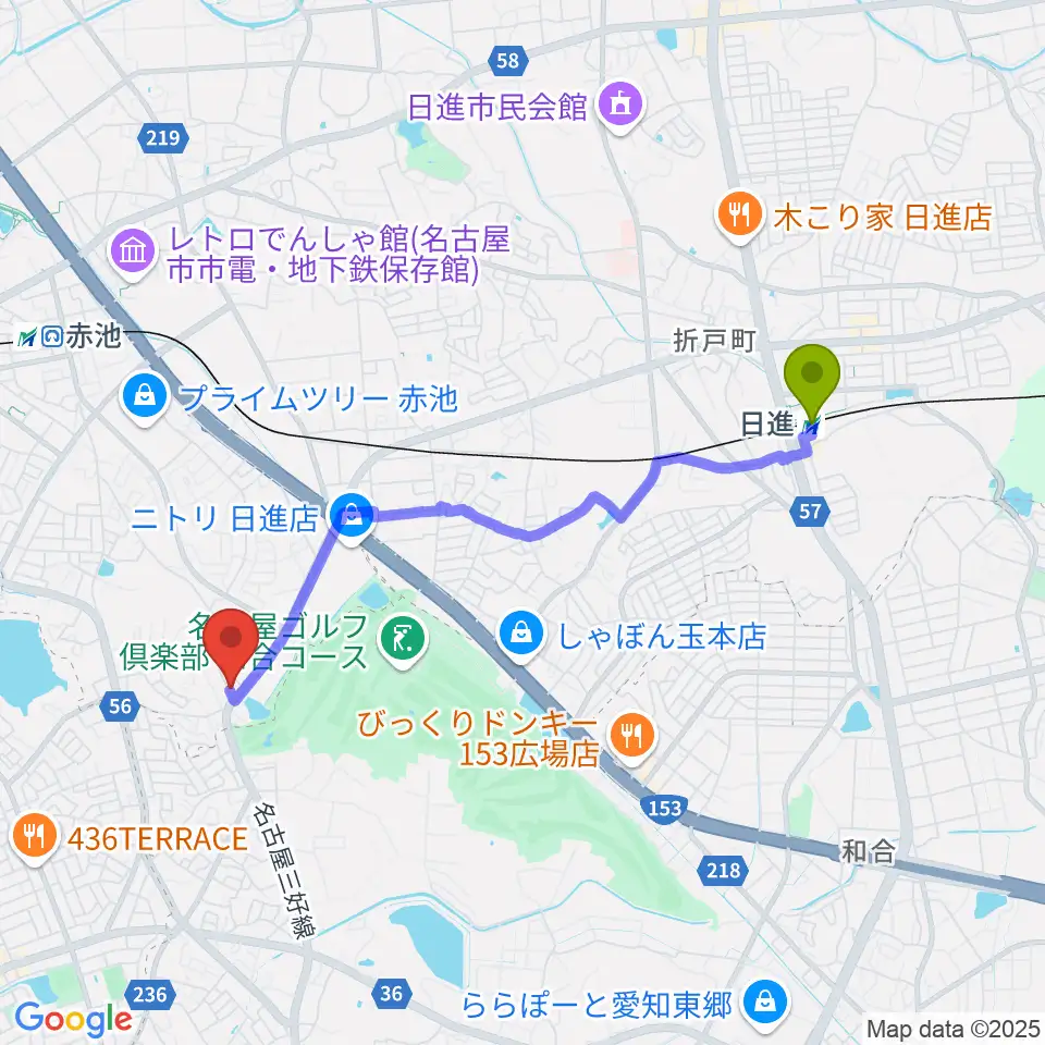 日進駅からポワンポワンスタジオ日進校へのルートマップ地図