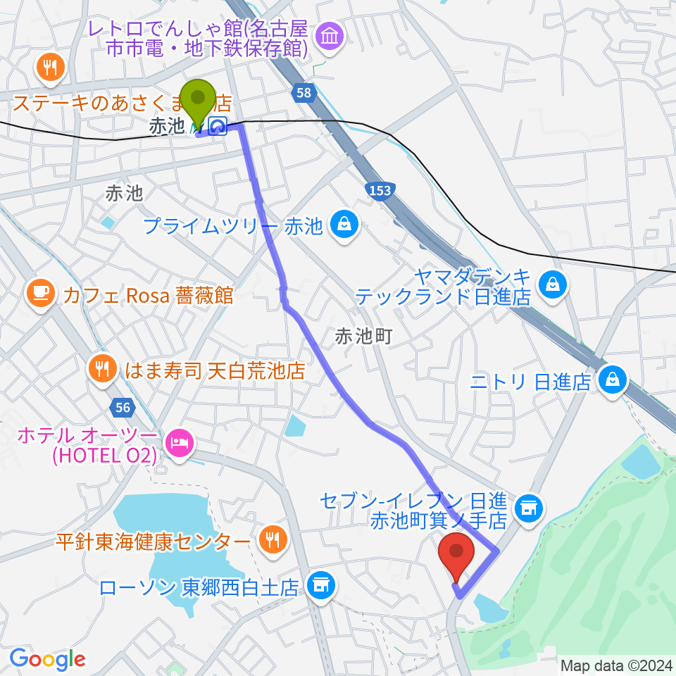 ポワンポワンスタジオ日進校の最寄駅赤池駅からの徒歩ルート（約24分）地図