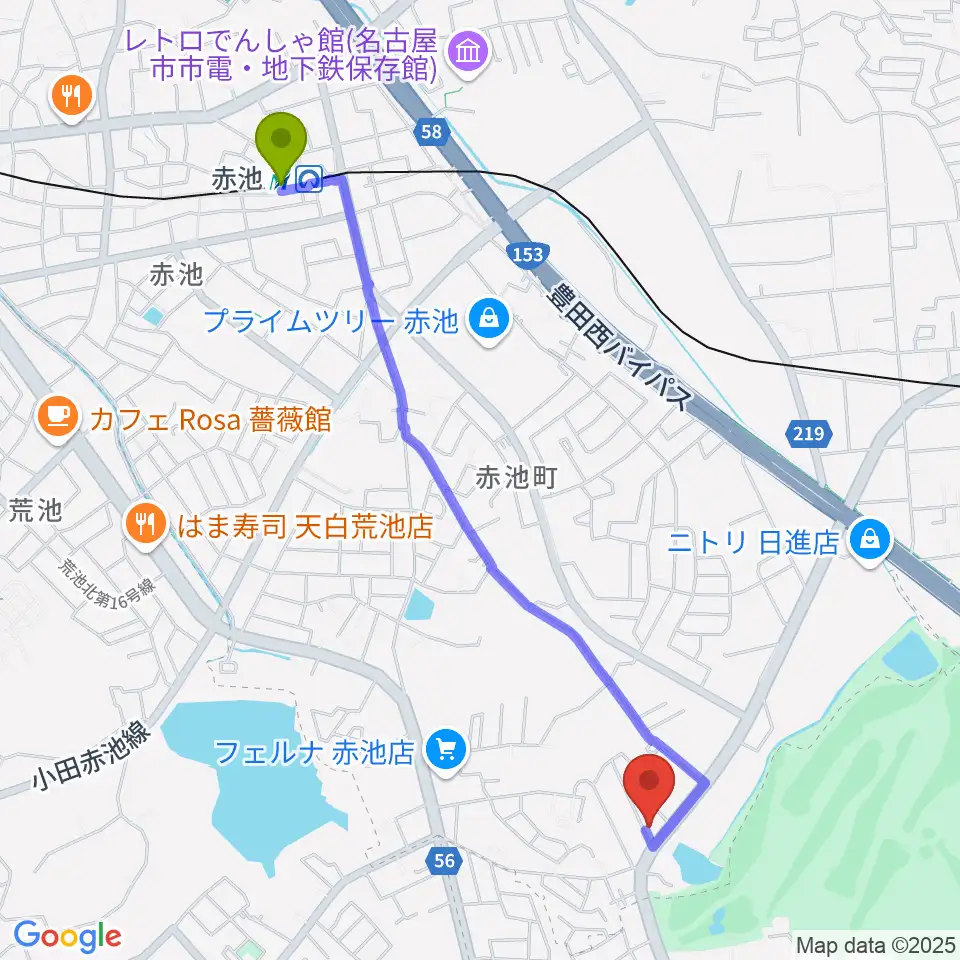 ポワンポワンスタジオ日進校の最寄駅赤池駅からの徒歩ルート（約24分）地図