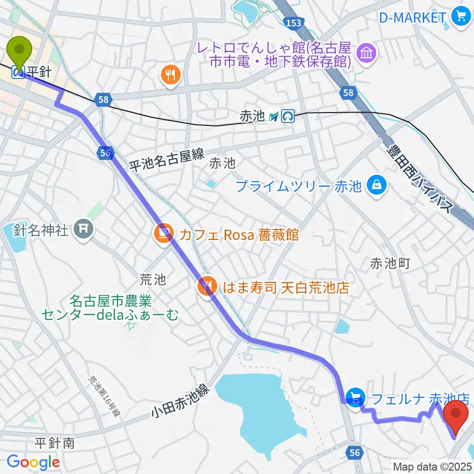 平針駅からポワンポワンスタジオ日進校へのルートマップ地図