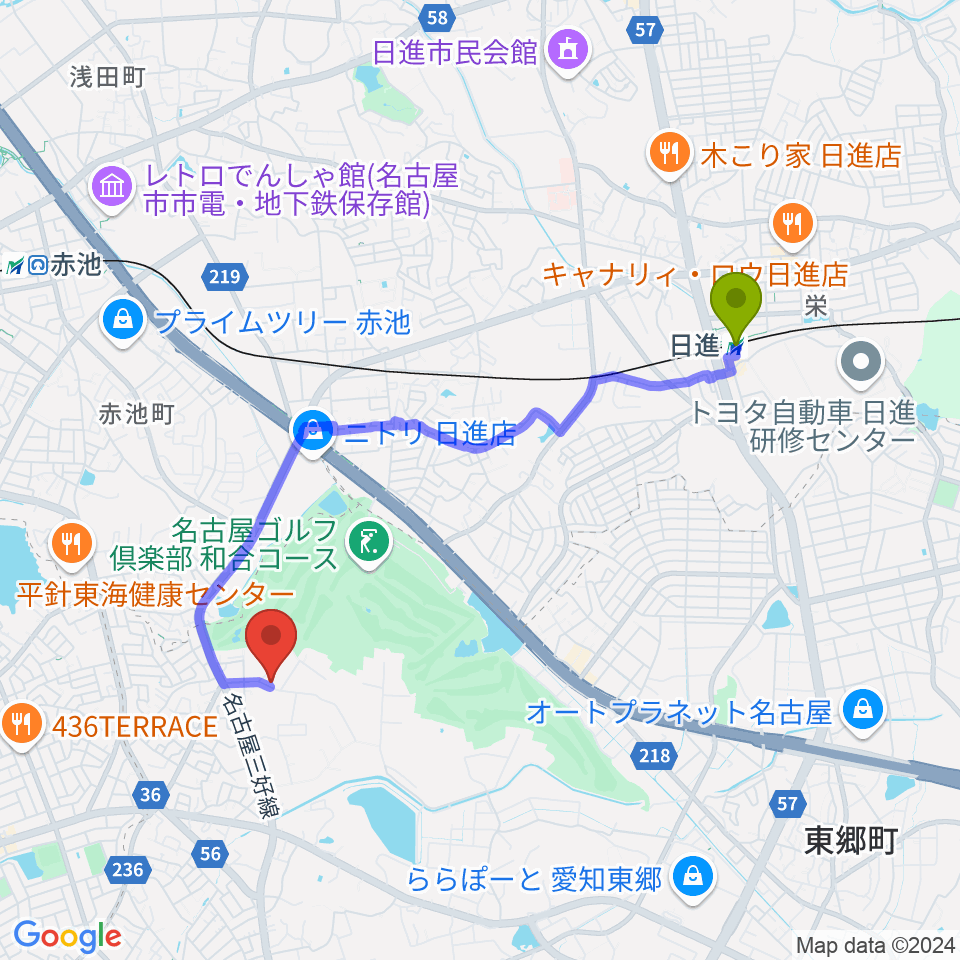 日進駅からポワンポワンリトミック教室へのルートマップ地図