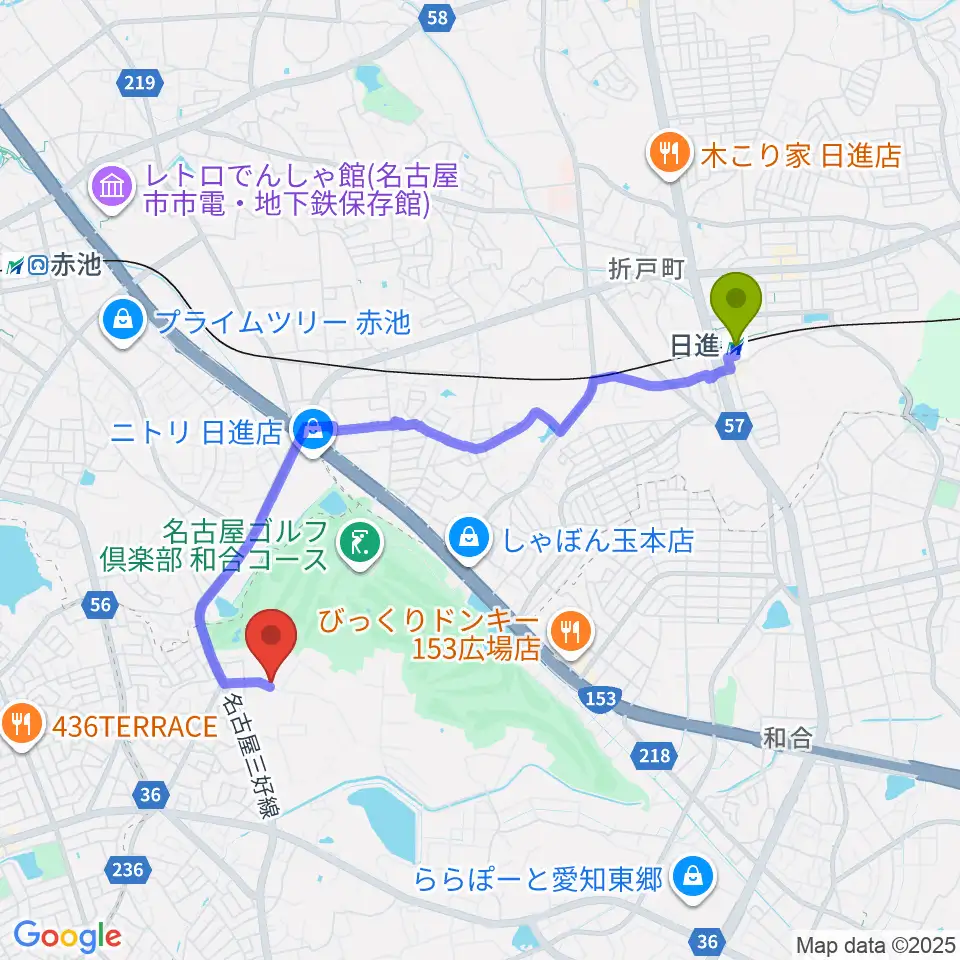 日進駅からポワンポワンリトミック教室へのルートマップ地図