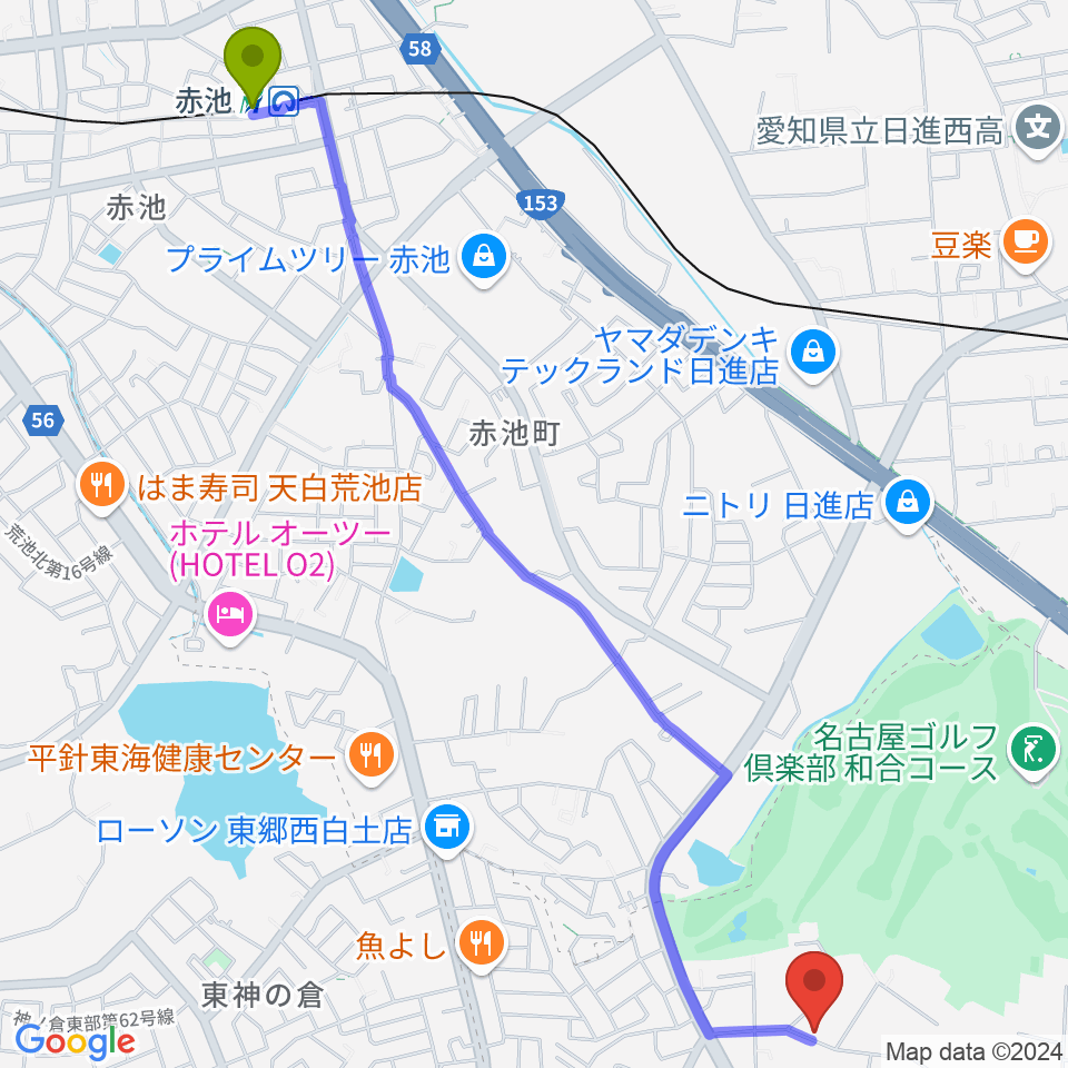 ポワンポワンリトミック教室の最寄駅赤池駅からの徒歩ルート（約32分）地図