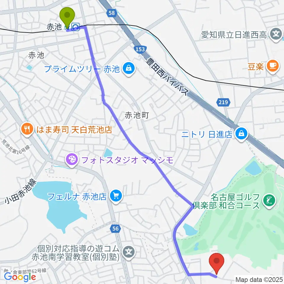 ポワンポワンリトミック教室の最寄駅赤池駅からの徒歩ルート（約32分）地図