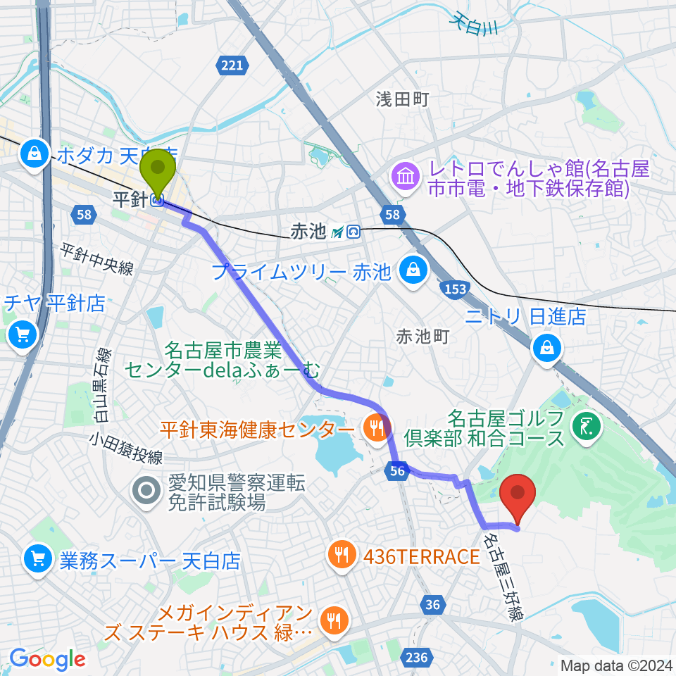 平針駅からポワンポワンリトミック教室へのルートマップ地図