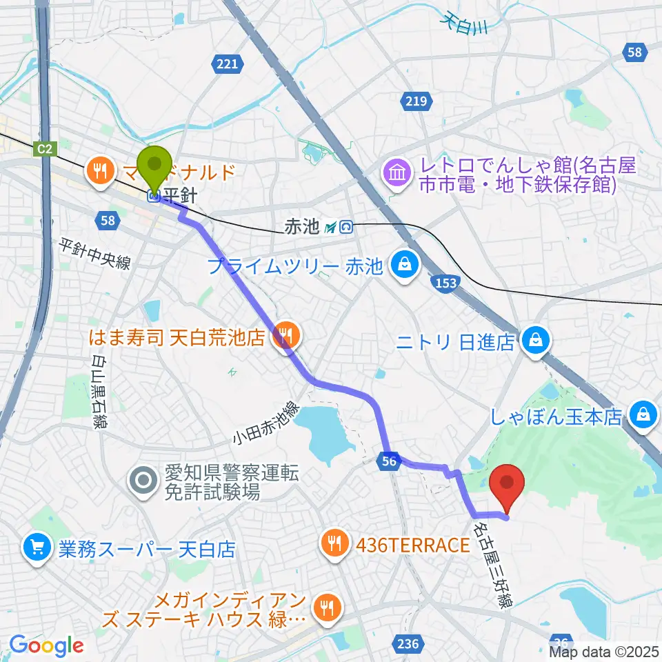 平針駅からポワンポワンリトミック教室へのルートマップ地図