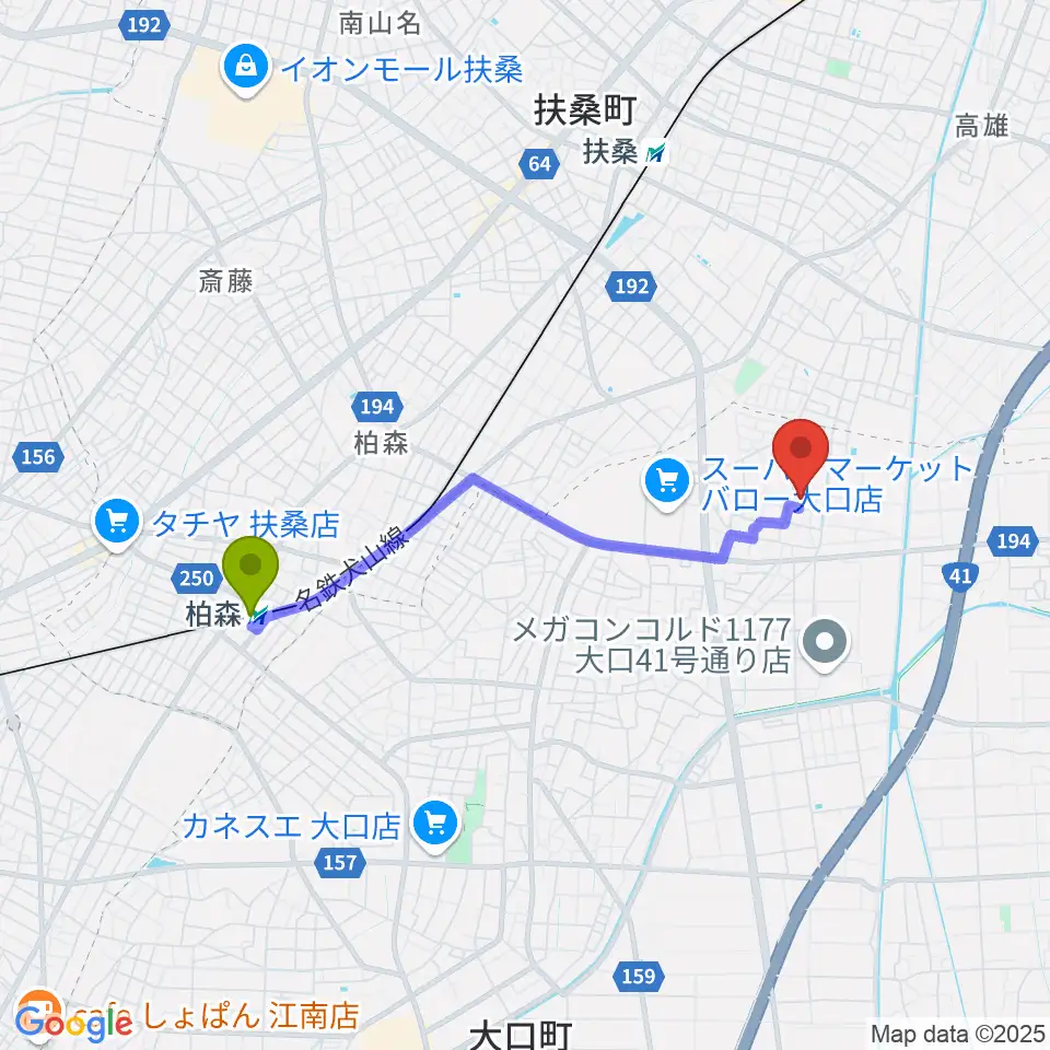 柏森駅からたかはし音楽学院へのルートマップ地図