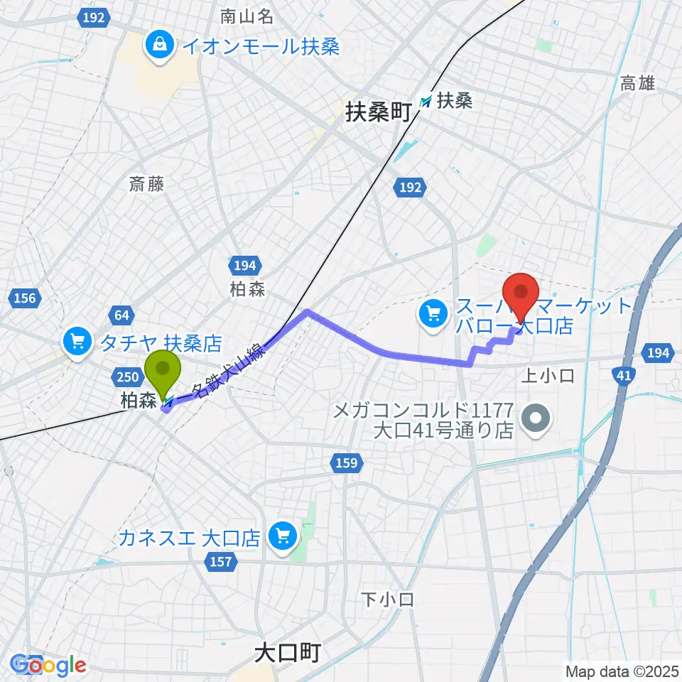 柏森駅からたかはし音楽学院へのルートマップ地図