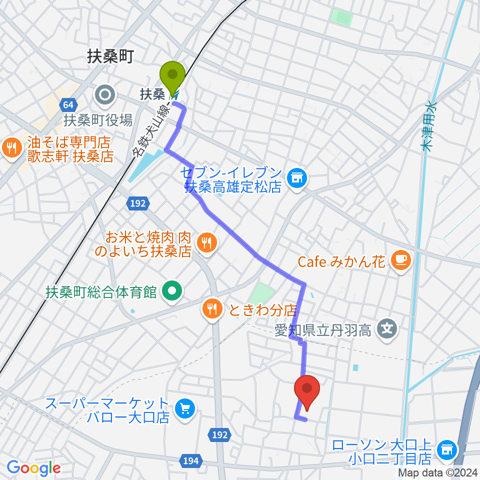 たかはし音楽学院の最寄駅扶桑駅からの徒歩ルート（約22分）地図