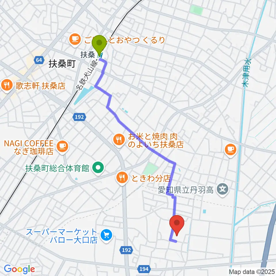 たかはし音楽学院の最寄駅扶桑駅からの徒歩ルート（約22分）地図
