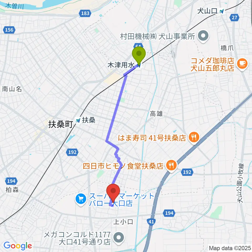 木津用水駅からたかはし音楽学院へのルートマップ地図