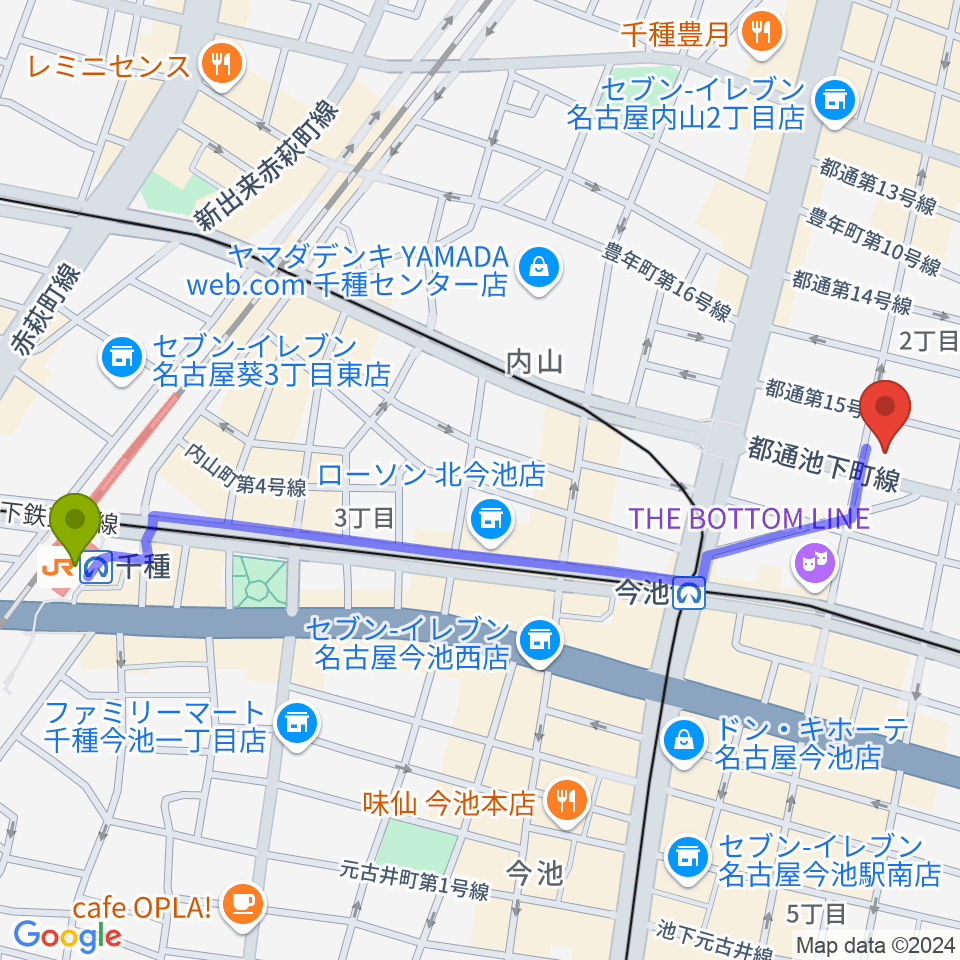 千種駅からリトミック研究センター愛知･岐阜第一支局へのルートマップ地図