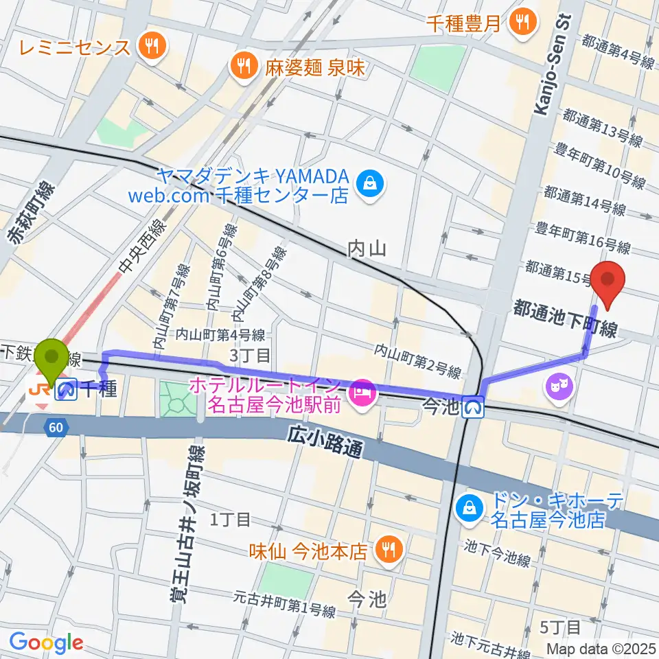 千種駅からリトミック研究センター 第一支局へのルートマップ地図