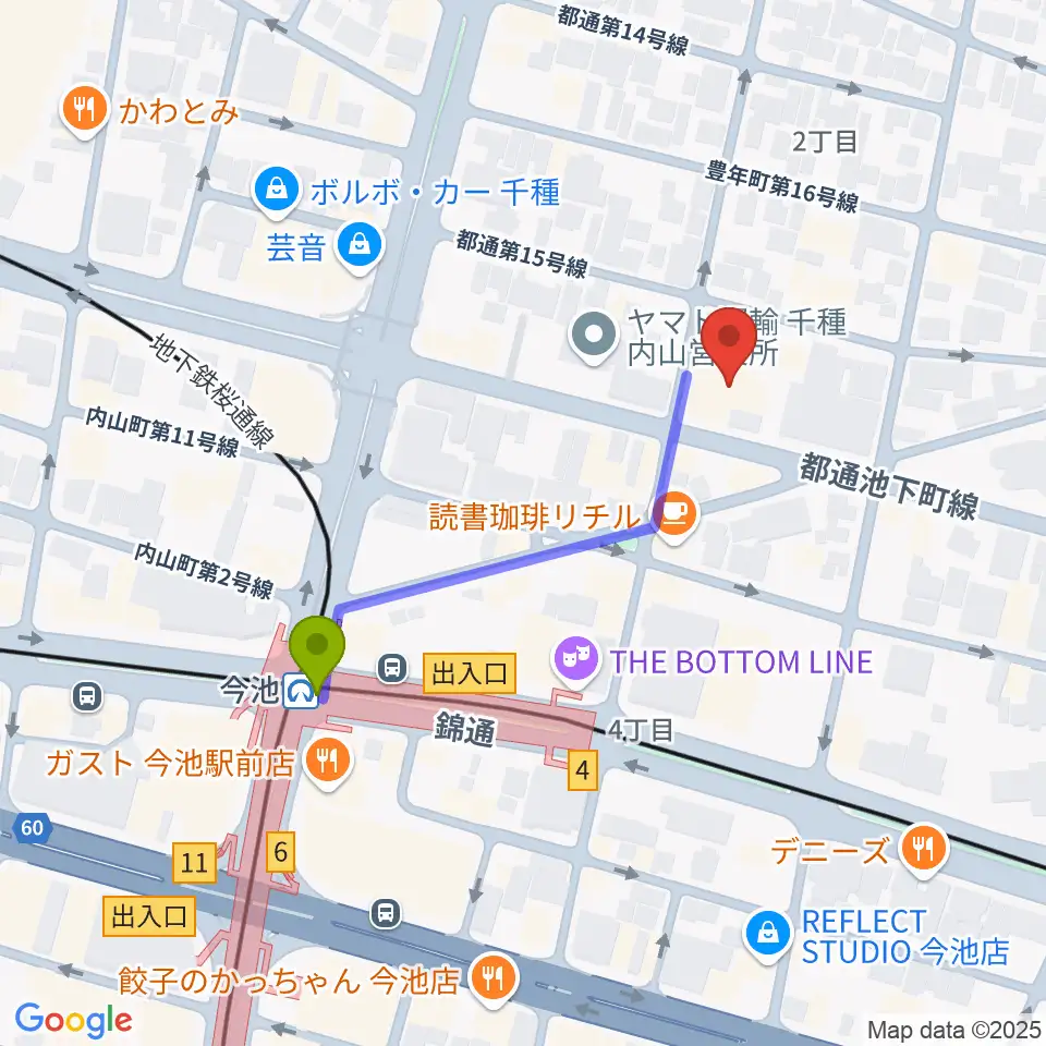 リトミック研究センター 第一支局の最寄駅今池駅からの徒歩ルート（約4分）地図