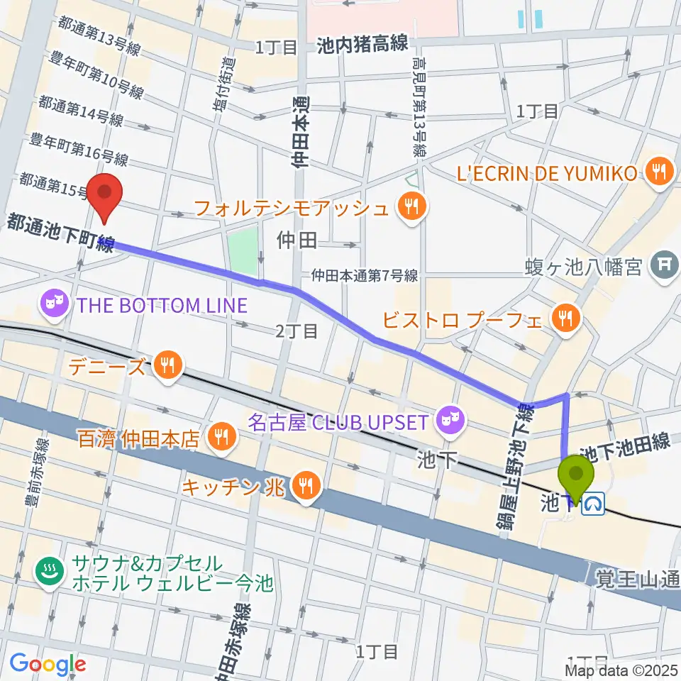 池下駅からリトミック研究センター 第一支局へのルートマップ地図