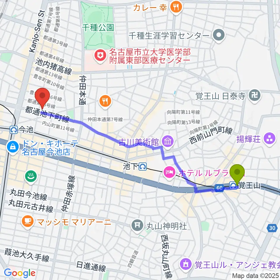 覚王山駅からリトミック研究センター 第一支局へのルートマップ地図