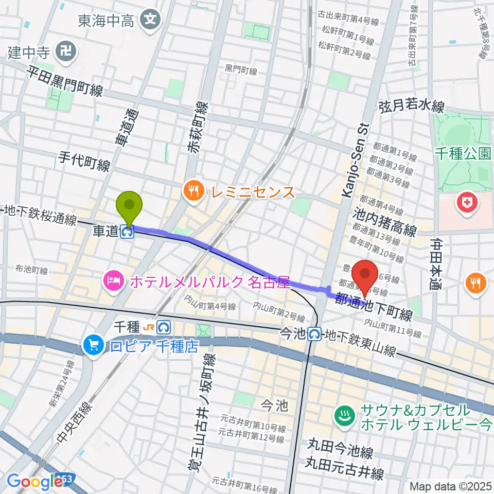 車道駅からリトミック研究センター 第一支局へのルートマップ地図