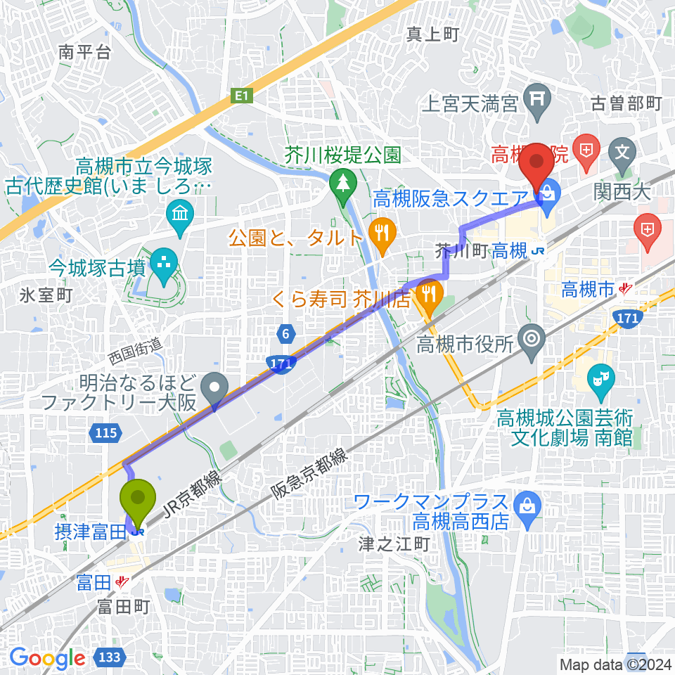 摂津富田駅からMUSIC SQUARE 1624 TENJINへのルートマップ地図