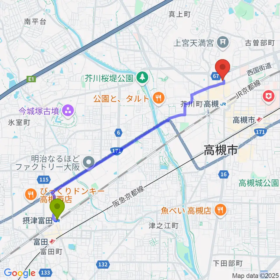 摂津富田駅からMUSIC SQUARE 1624 TENJINへのルートマップ地図
