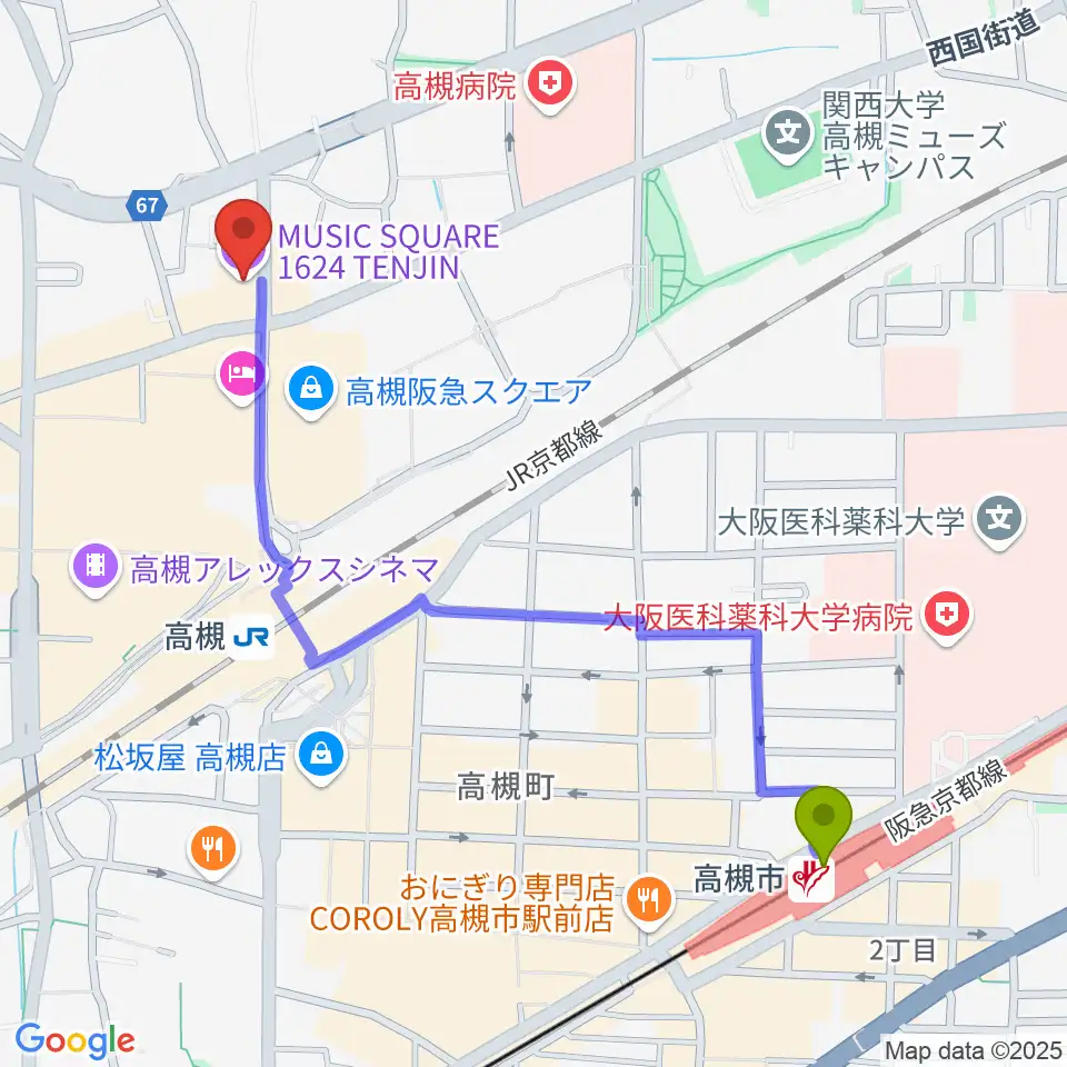 高槻市駅からMUSIC SQUARE 1624 TENJINへのルートマップ地図